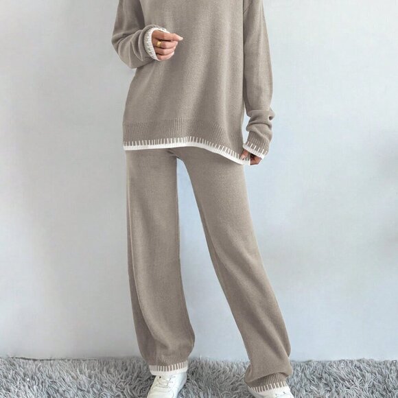 Multicolor Casual Women's Contrast Color Long Sleeve Sweater & Knitted Pants Set - Picture 6 of 6